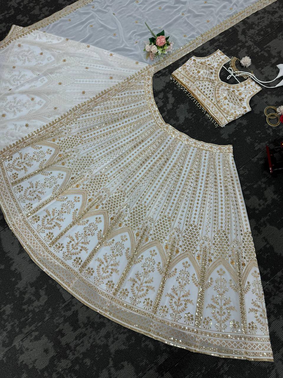 White Designer Fox Georgette Semi-Stitched Lehengha Set with Sequin & Thread Work ClothsVilla