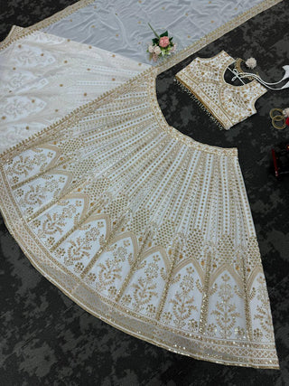 White Designer Fox Georgette Semi-Stitched Lehengha Set with Sequin & Thread Work ClothsVilla
