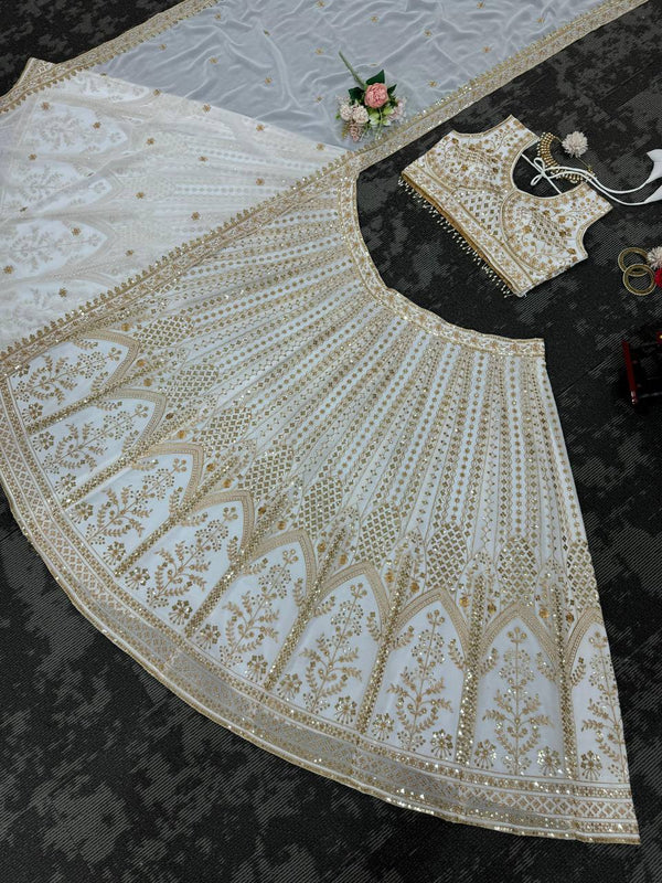 White Designer Fox Georgette Semi-Stitched Lehengha Set with Sequin & Thread Work ClothsVilla