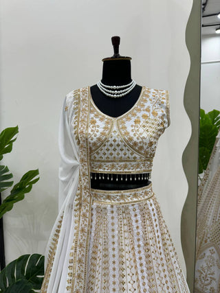 White Designer Fox Georgette Semi-Stitched Lehengha Set with Sequin & Thread Work ClothsVilla