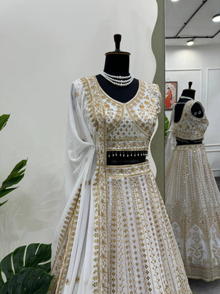 White Designer Fox Georgette Semi-Stitched Lehengha Set with Sequin & Thread Work ClothsVilla