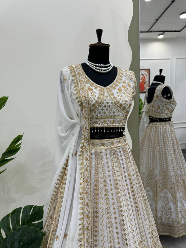 White Designer Fox Georgette Semi-Stitched Lehengha Set with Sequin & Thread Work ClothsVilla