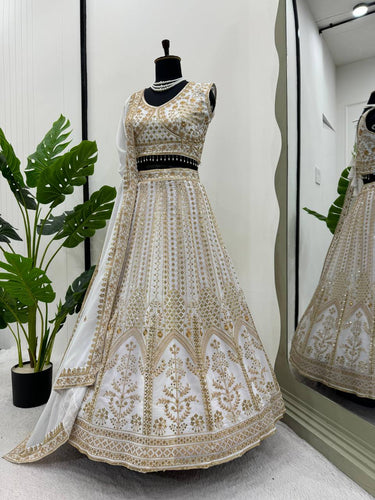 White Designer Fox Georgette Semi-Stitched Lehengha Set with Sequin & Thread Work ClothsVilla