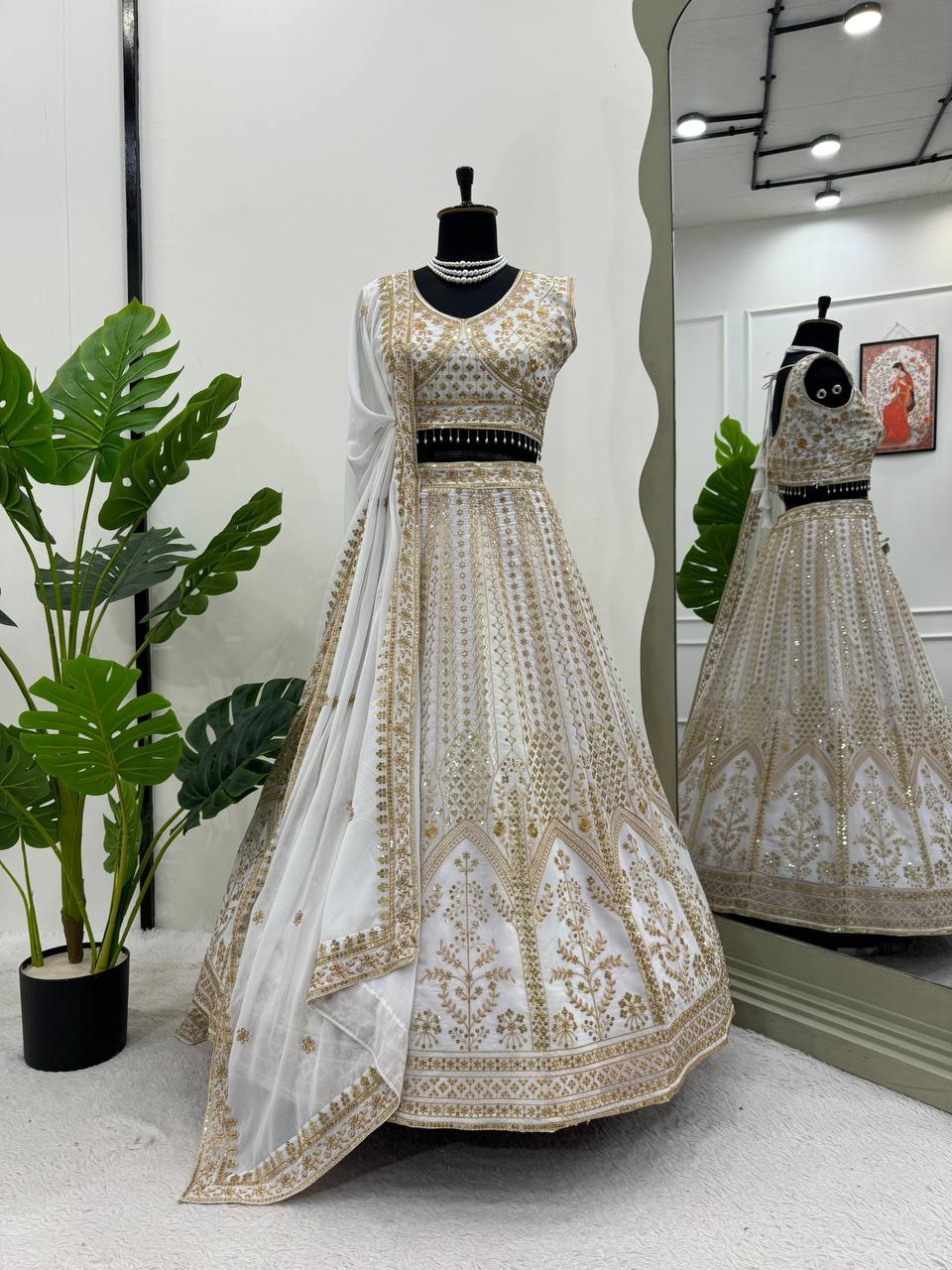 White Designer Fox Georgette Semi-Stitched Lehengha Set with Sequin & Thread Work ClothsVilla Main image