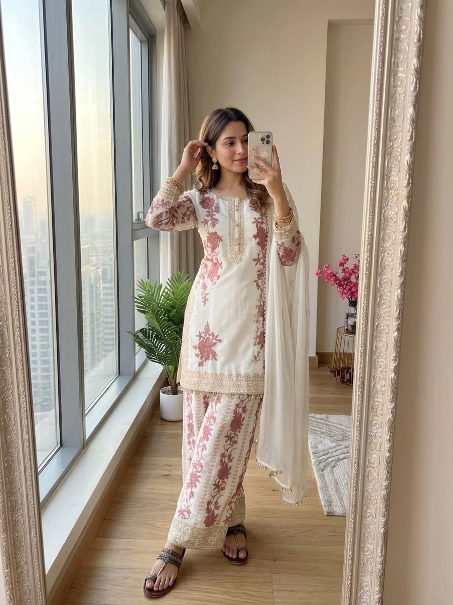 White Designer Georgette Palazzo Suit ClothsVilla