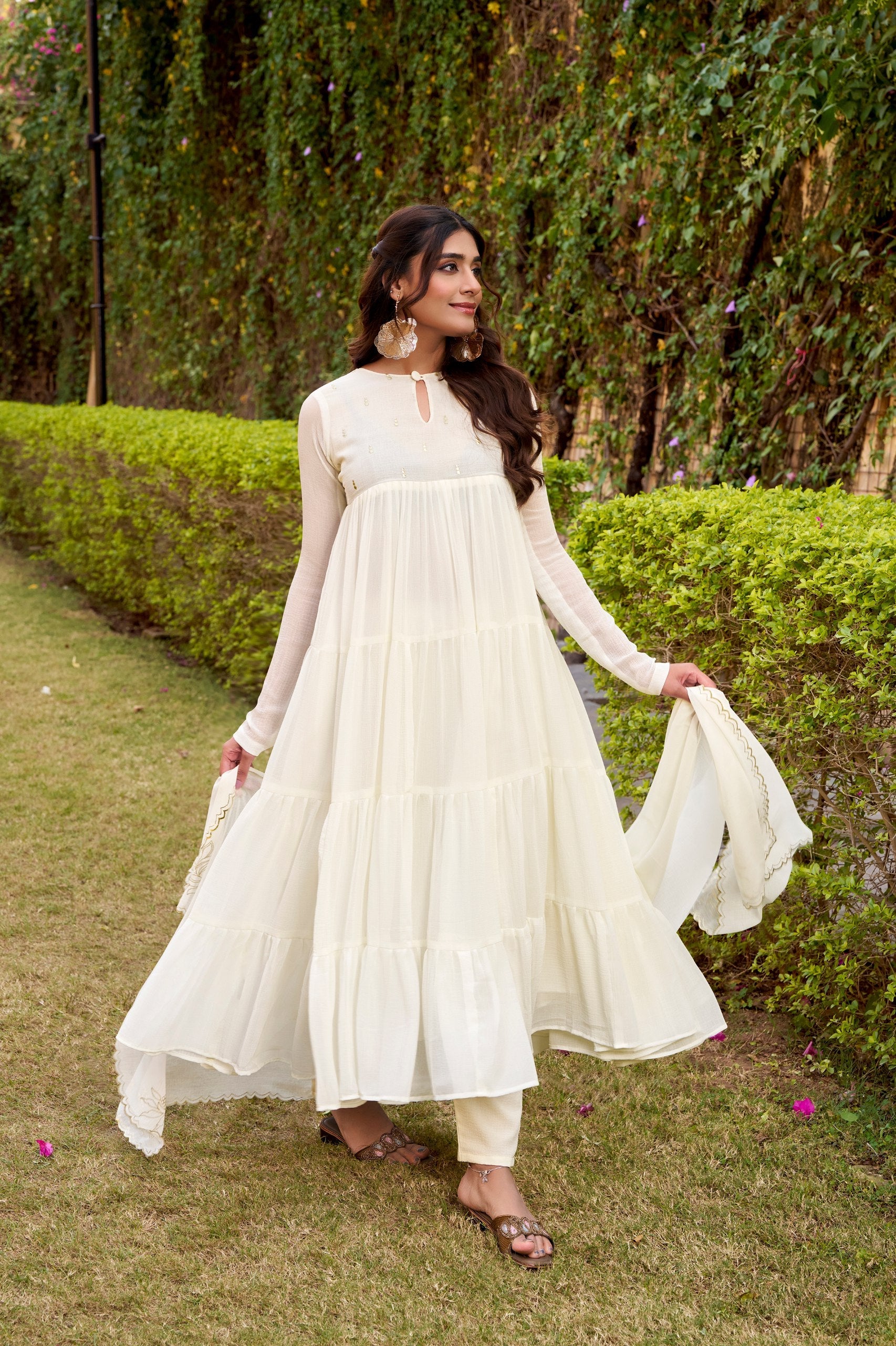 White Designer Marble Foil Work Flared Dress Set ClothsVilla