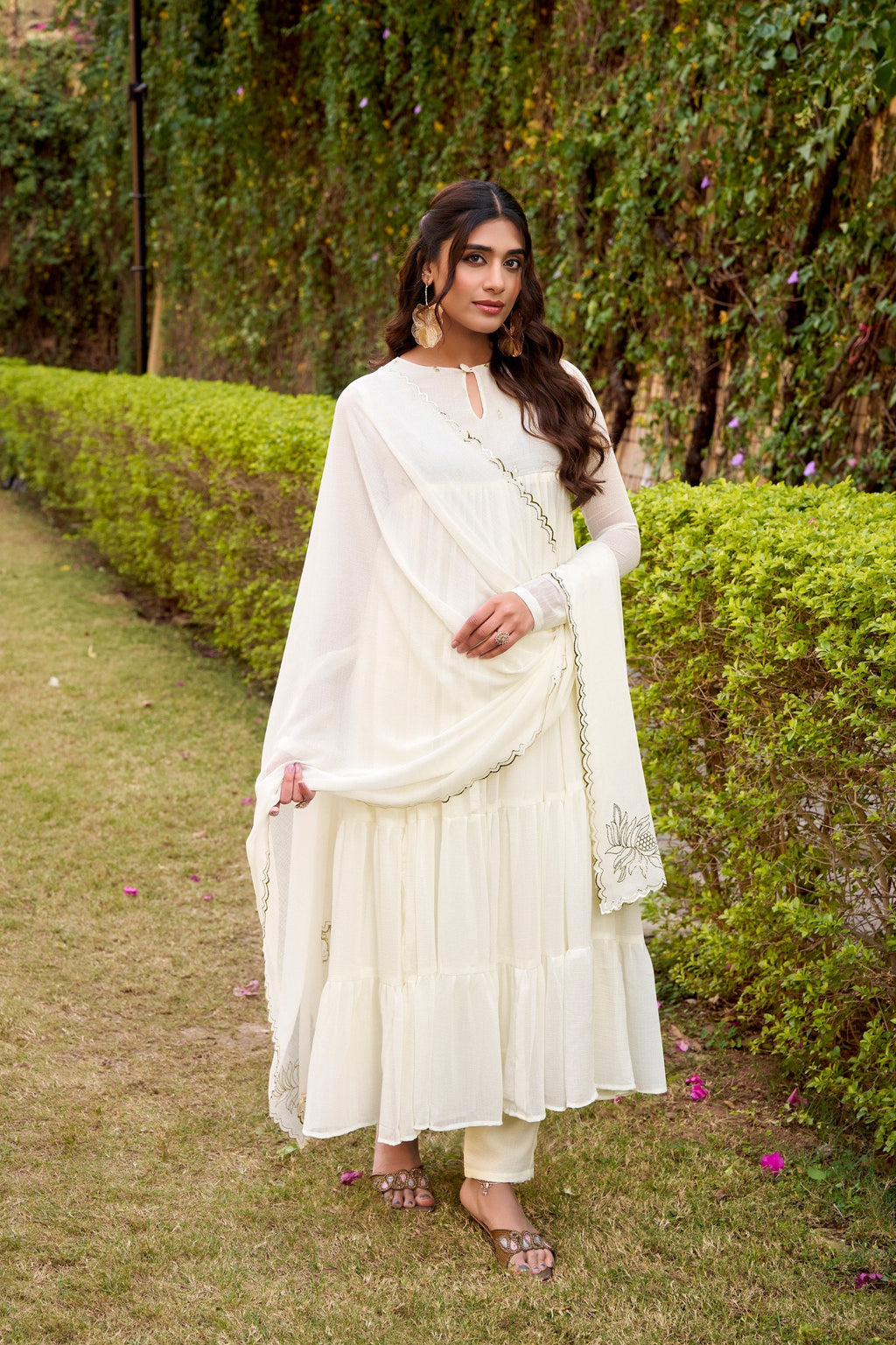 White Designer Marble Foil Work Flared Dress Set ClothsVilla