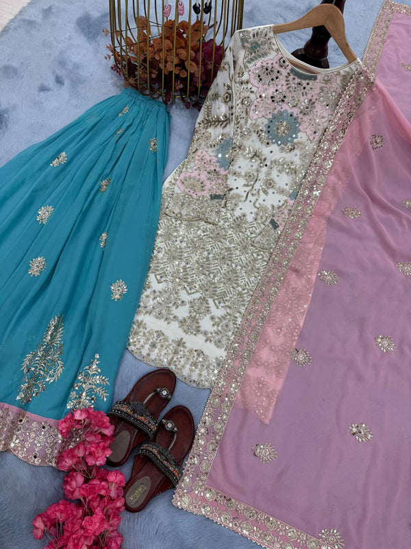 White Designer Party Wear Embroidered Set | Heavy Faux Georgette Top, Plazzo & Dupatta with Mirror Hand Work ClothsVilla