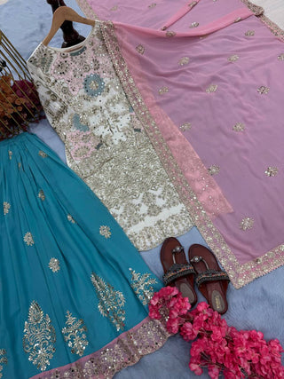 White Designer Party Wear Embroidered Set | Heavy Faux Georgette Top, Plazzo & Dupatta with Mirror Hand Work ClothsVilla