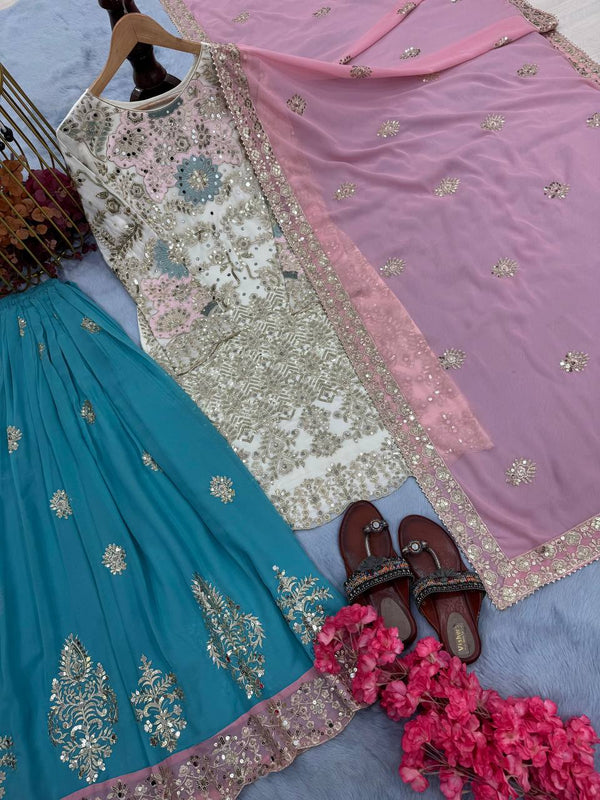 White Designer Party Wear Embroidered Set | Heavy Faux Georgette Top, Plazzo & Dupatta with Mirror Hand Work ClothsVilla