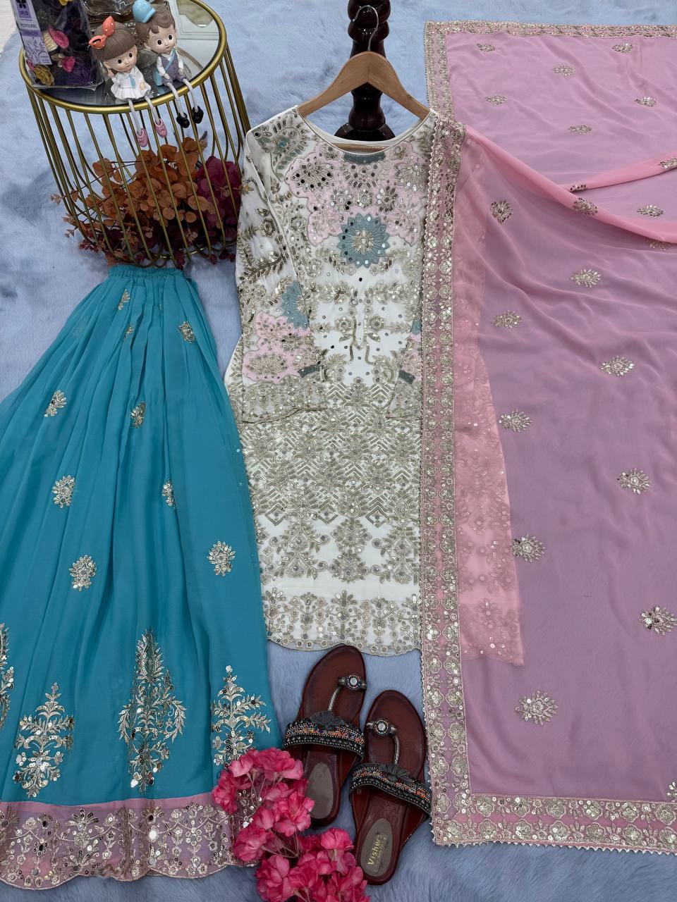 White Designer Party Wear Embroidered Set | Heavy Faux Georgette Top, Plazzo & Dupatta with Mirror Hand Work ClothsVilla