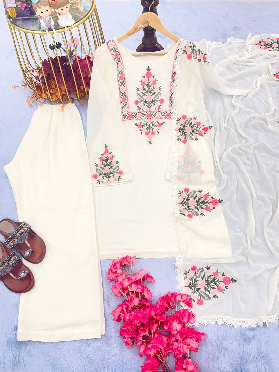 White Designer Party Wear Top-Plazzo-Dupatta Set – Elegance Redefined Clothsvilla