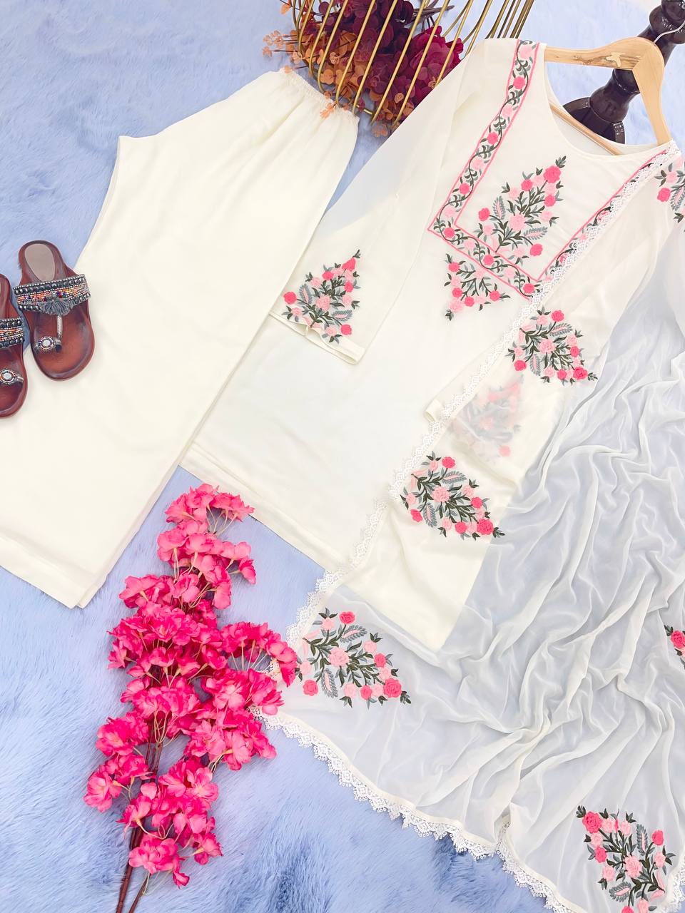 White Designer Party Wear Top-Plazzo-Dupatta Set – Elegance Redefined Clothsvilla