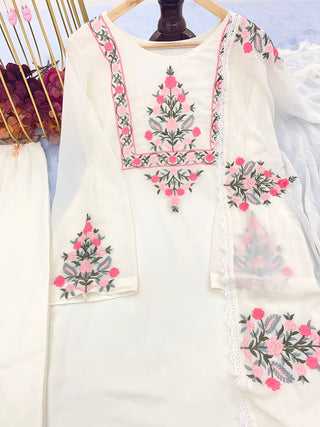 White Designer Party Wear Top-Plazzo-Dupatta Set – Elegance Redefined Clothsvilla