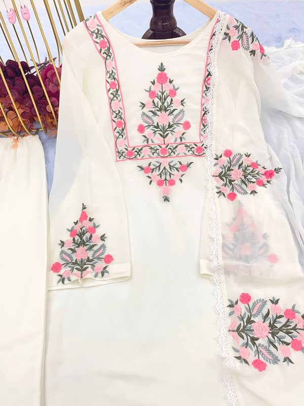 White Designer Party Wear Top-Plazzo-Dupatta Set – Elegance Redefined Clothsvilla