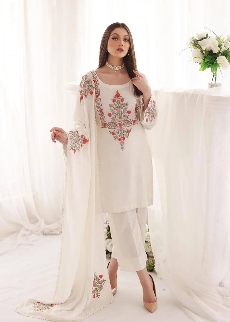 White Designer Party Wear Top-Plazzo-Dupatta Set – Elegance Redefined Clothsvilla Main image