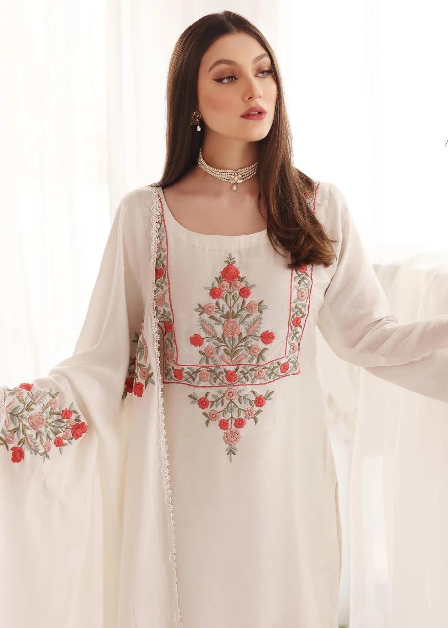 White Designer Party Wear Top-Plazzo-Dupatta Set – Elegance Redefined Clothsvilla