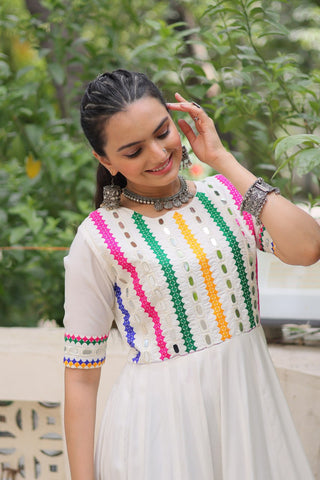 White Designer Roman Fabric Gown with Multicolor Thread & Mirror Work ClothsVilla