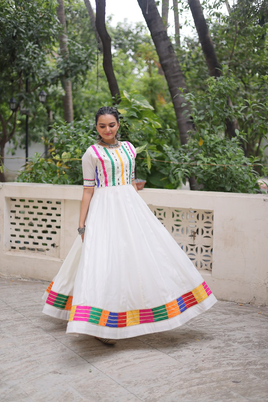 White Designer Roman Fabric Gown with Multicolor Thread & Mirror Work ClothsVilla