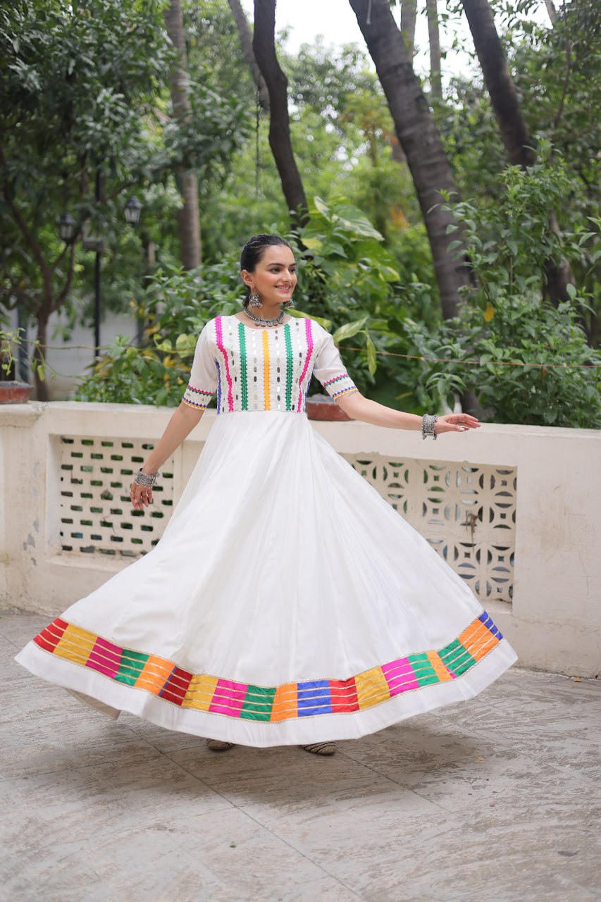 White Designer Roman Fabric Gown with Multicolor Thread & Mirror Work ClothsVilla