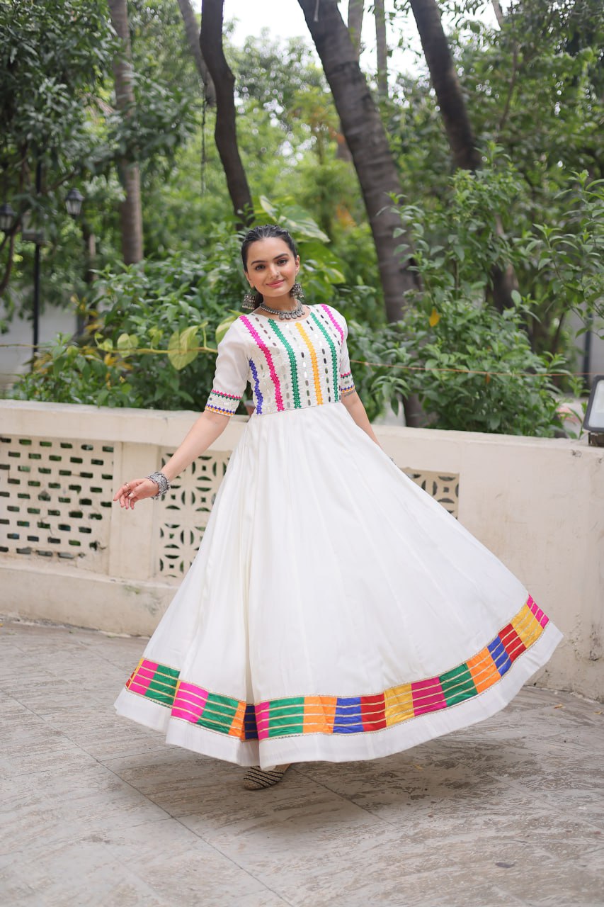 White Designer Roman Fabric Gown with Multicolor Thread & Mirror Work ClothsVilla