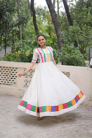 White Designer Roman Fabric Gown with Multicolor Thread & Mirror Work ClothsVilla