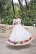 Load image into Gallery viewer, White Designer Roman Fabric Gown with Multicolor Thread &amp; Mirror Work ClothsVilla