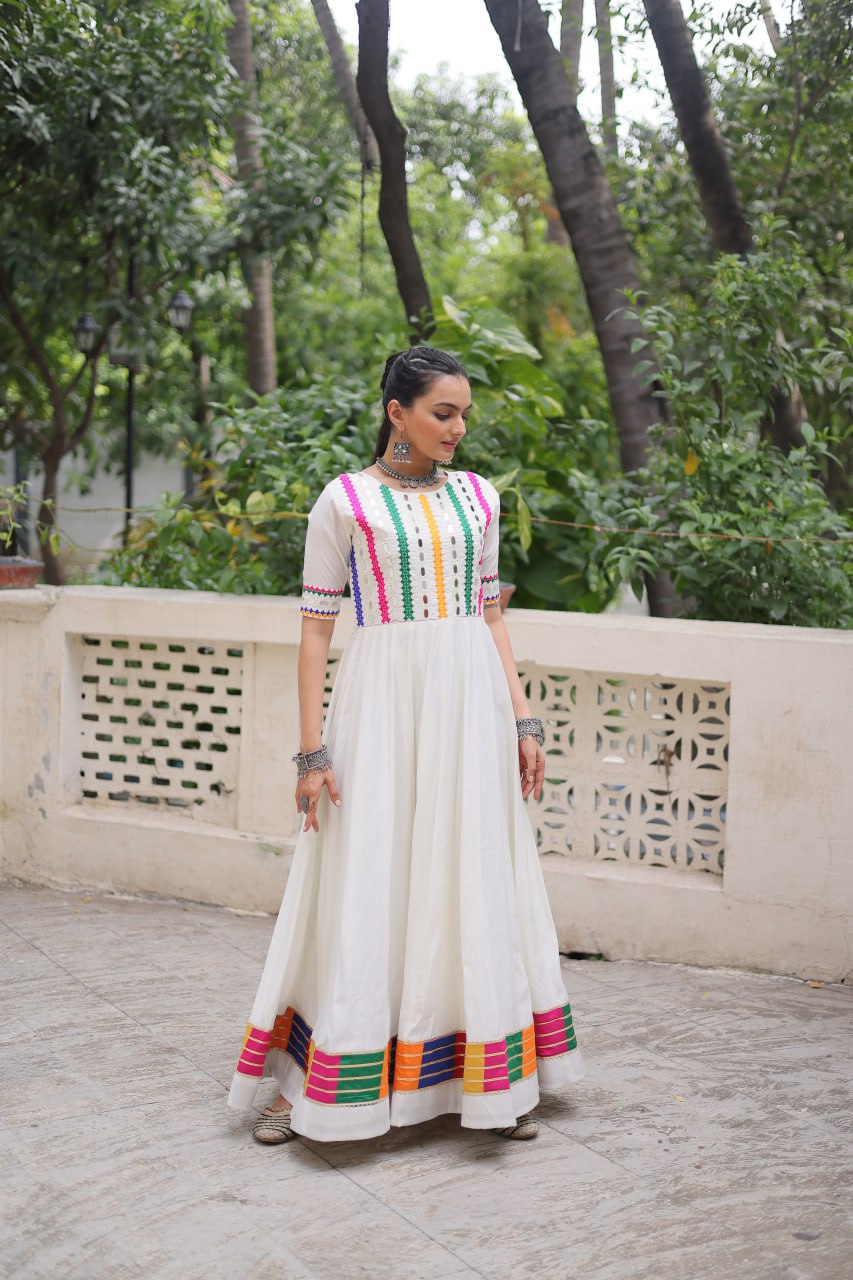 White Designer Roman Fabric Gown with Multicolor Thread & Mirror Work ClothsVilla