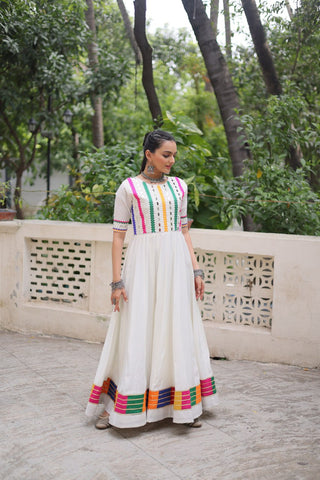 White Designer Roman Fabric Gown with Multicolor Thread & Mirror Work ClothsVilla