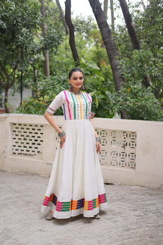White Designer Roman Fabric Gown with Multicolor Thread & Mirror Work ClothsVilla