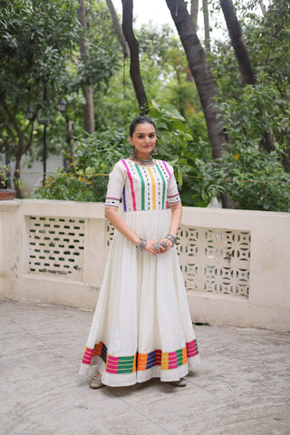 White Designer Roman Fabric Gown with Multicolor Thread & Mirror Work ClothsVilla