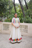White Designer Roman Fabric Gown with Multicolor Thread & Mirror Work ClothsVilla