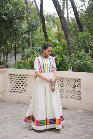 White Designer Roman Fabric Gown with Multicolor Thread & Mirror Work ClothsVilla