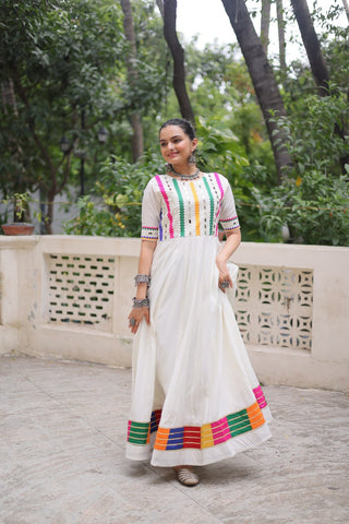 White Designer Roman Fabric Gown with Multicolor Thread & Mirror Work ClothsVilla