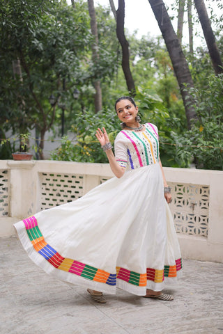 White Designer Roman Fabric Gown with Multicolor Thread & Mirror Work ClothsVilla