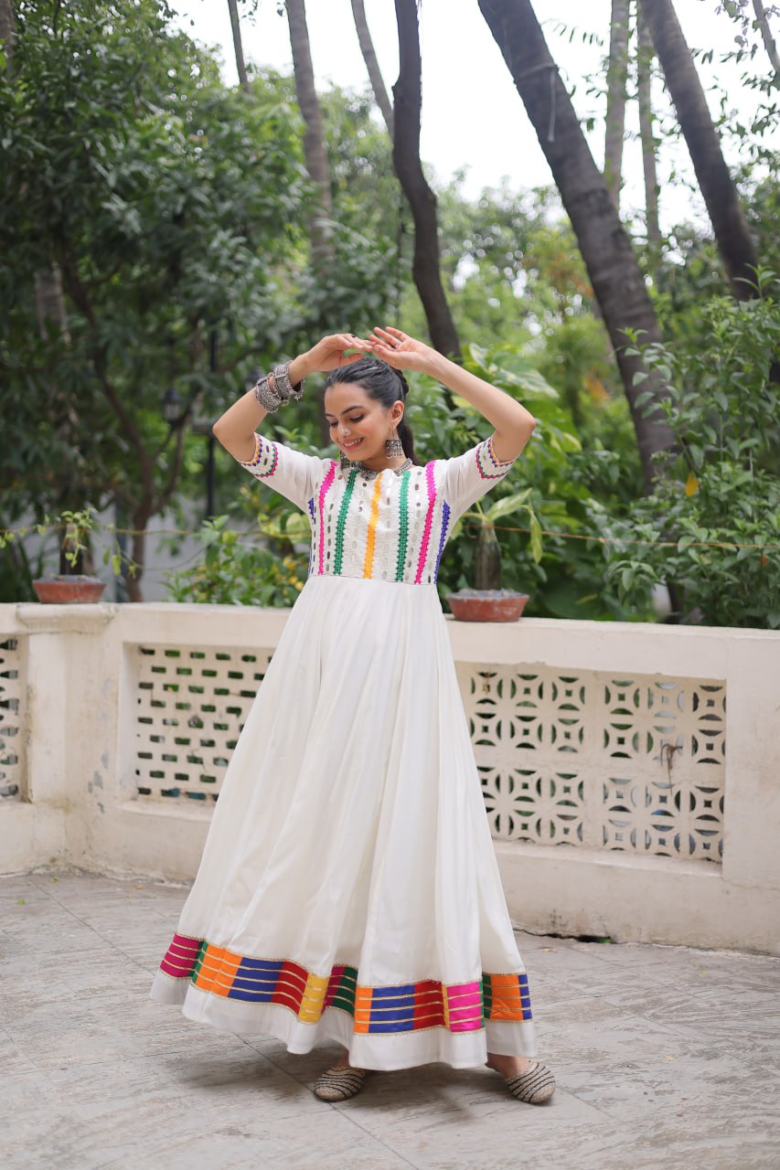 White Designer Roman Fabric Gown with Multicolor Thread & Mirror Work ClothsVilla