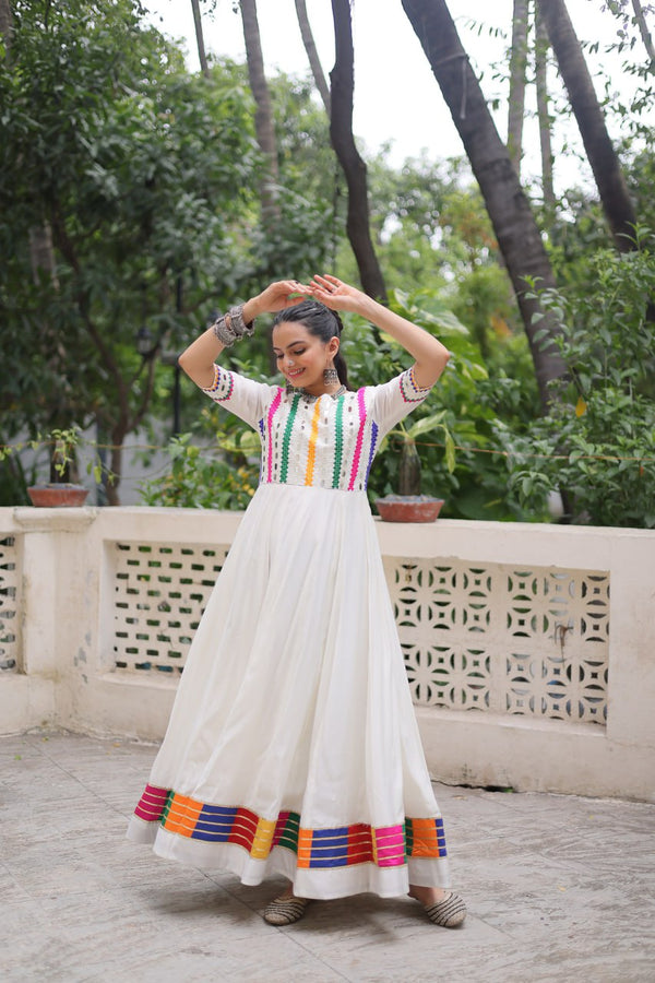 White Designer Roman Fabric Gown with Multicolor Thread & Mirror Work ClothsVilla