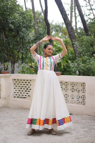 White Designer Roman Fabric Gown with Multicolor Thread & Mirror Work ClothsVilla