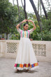 Load image into Gallery viewer, White Designer Roman Fabric Gown with Multicolor Thread &amp; Mirror Work ClothsVilla