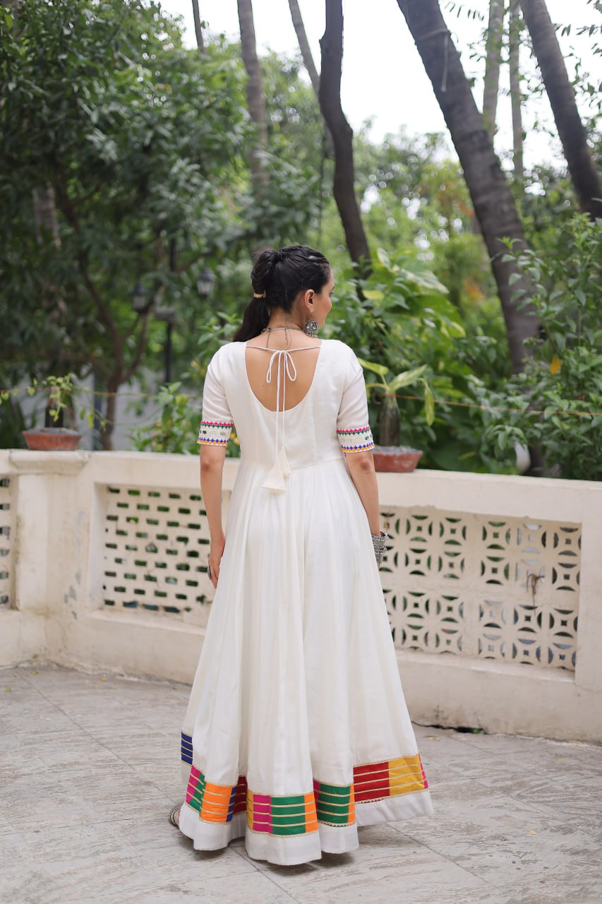 White Designer Roman Fabric Gown with Multicolor Thread & Mirror Work ClothsVilla