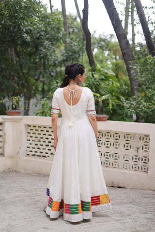 White Designer Roman Fabric Gown with Multicolor Thread & Mirror Work ClothsVilla