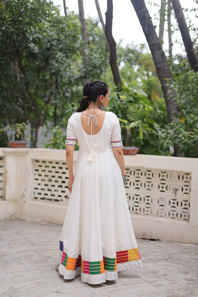 White Designer Roman Fabric Gown with Multicolor Thread &