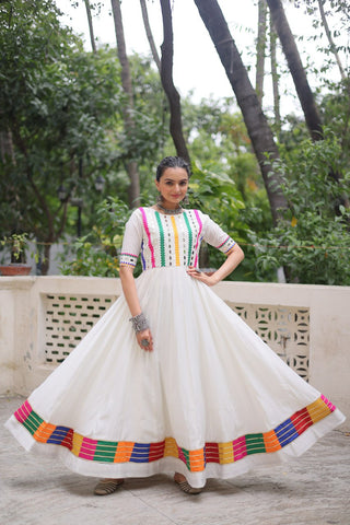White Designer Roman Fabric Gown with Multicolor Thread & Mirror Work ClothsVilla