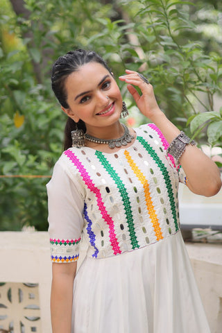 White Designer Roman Fabric Gown with Multicolor Thread & Mirror Work ClothsVilla
