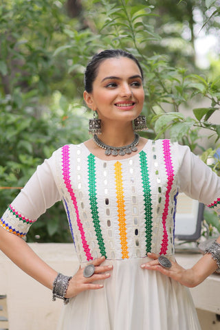 White Designer Roman Fabric Gown with Multicolor Thread & Mirror Work ClothsVilla