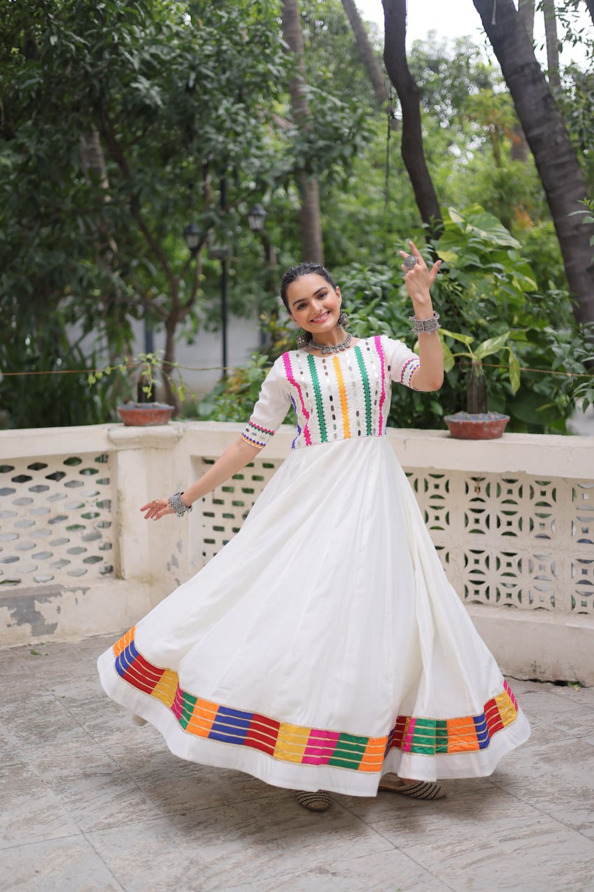 White Designer Roman Fabric Gown with Multicolor Thread & Mirror Work ClothsVilla