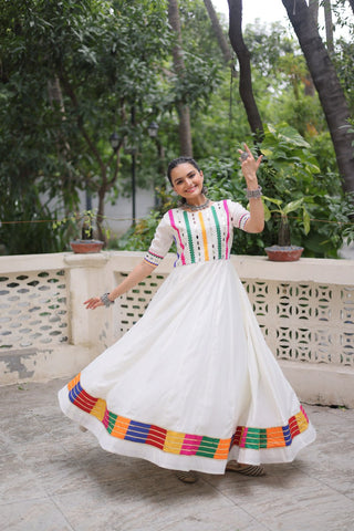 White Designer Roman Fabric Gown with Multicolor Thread & Mirror Work ClothsVilla