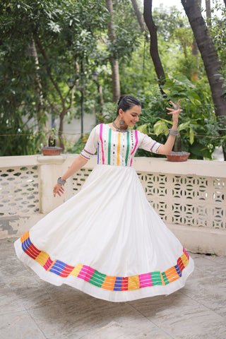 White Designer Roman Fabric Gown with Multicolor Thread & Mirror Work ClothsVilla