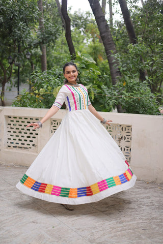 White Designer Roman Fabric Gown with Multicolor Thread & Mirror Work ClothsVilla