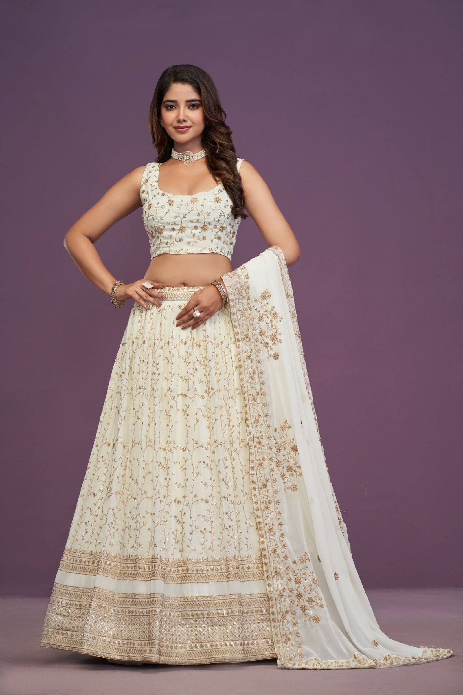 White Designer Sequins Work Lehenga ClothsVilla